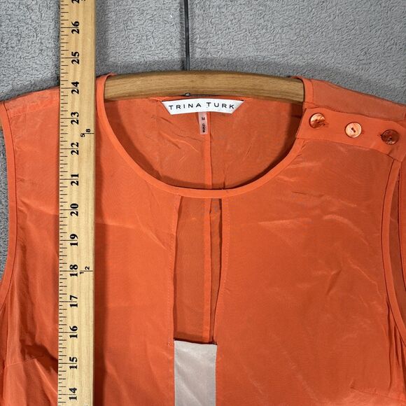 Trina Turk Size M Silk Tank Blouse Orange Cream Key Hole Resort Ditsy Retro Boho - Picture 6 of 14